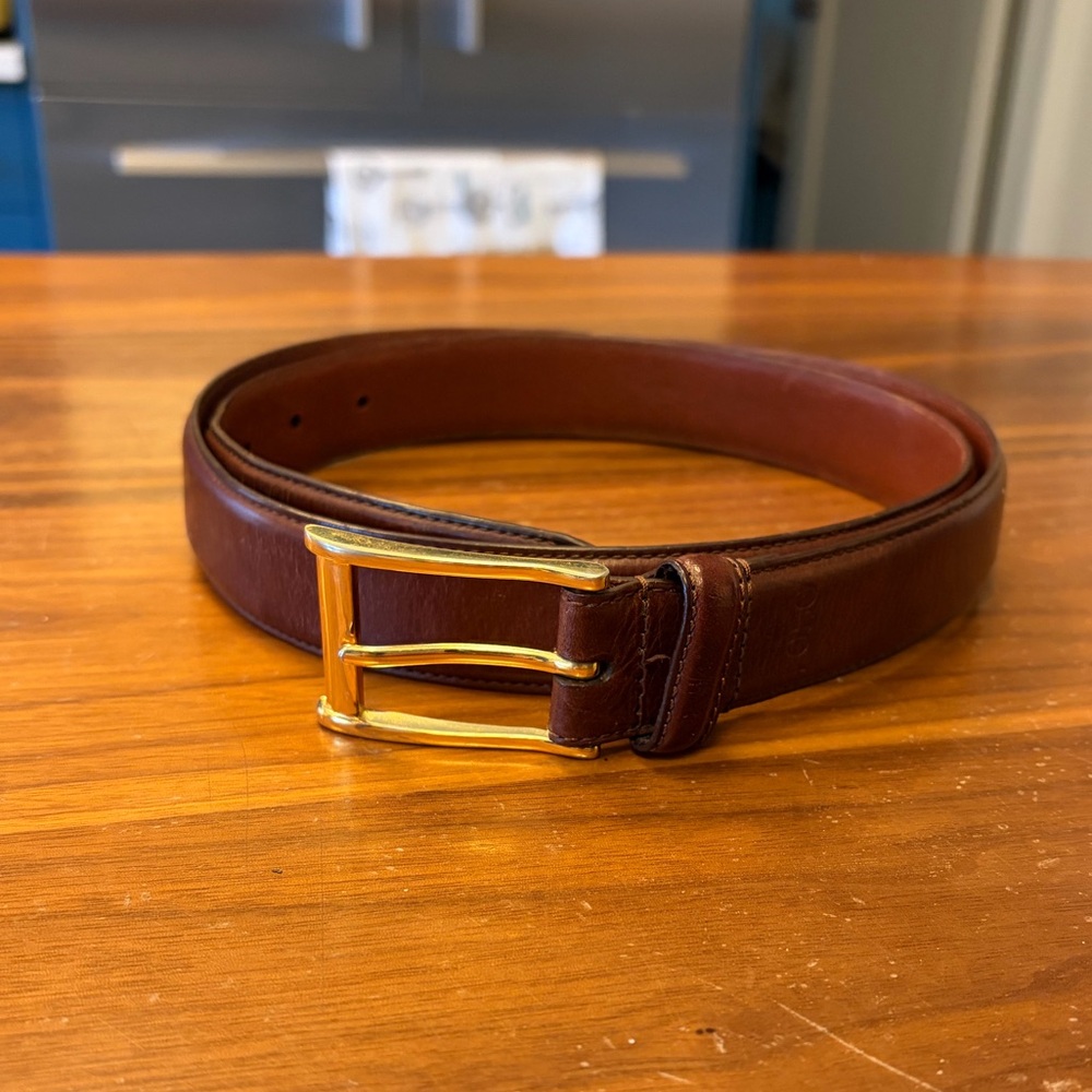 Polo Ralph Lauren Mens 38 Brown Saddle Leather Belt Adjustable Gold Buckle